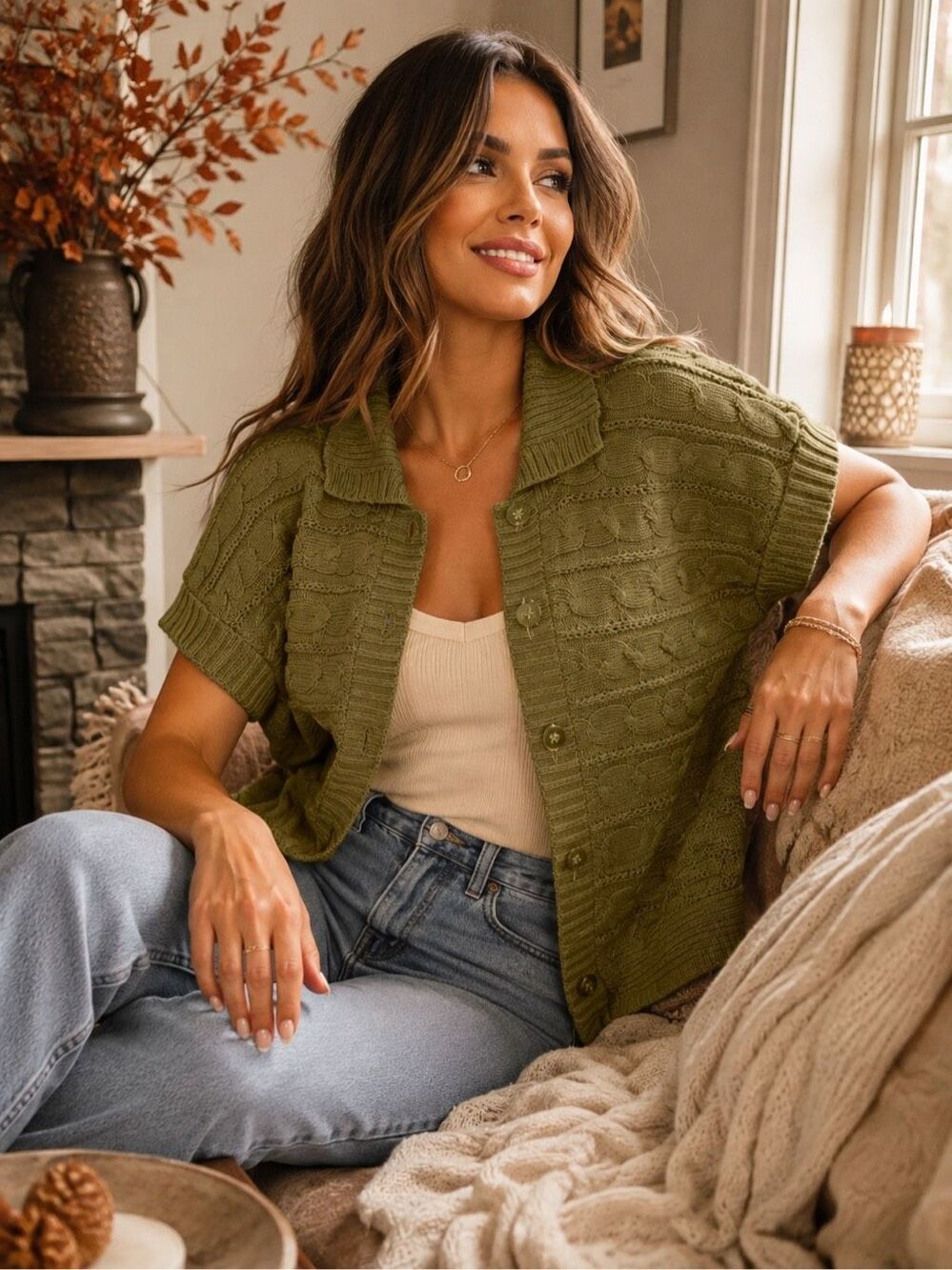 Axcess by Liz Claiborne Women’s Large Olive Green Cable Knit Short Sleeve Cardig